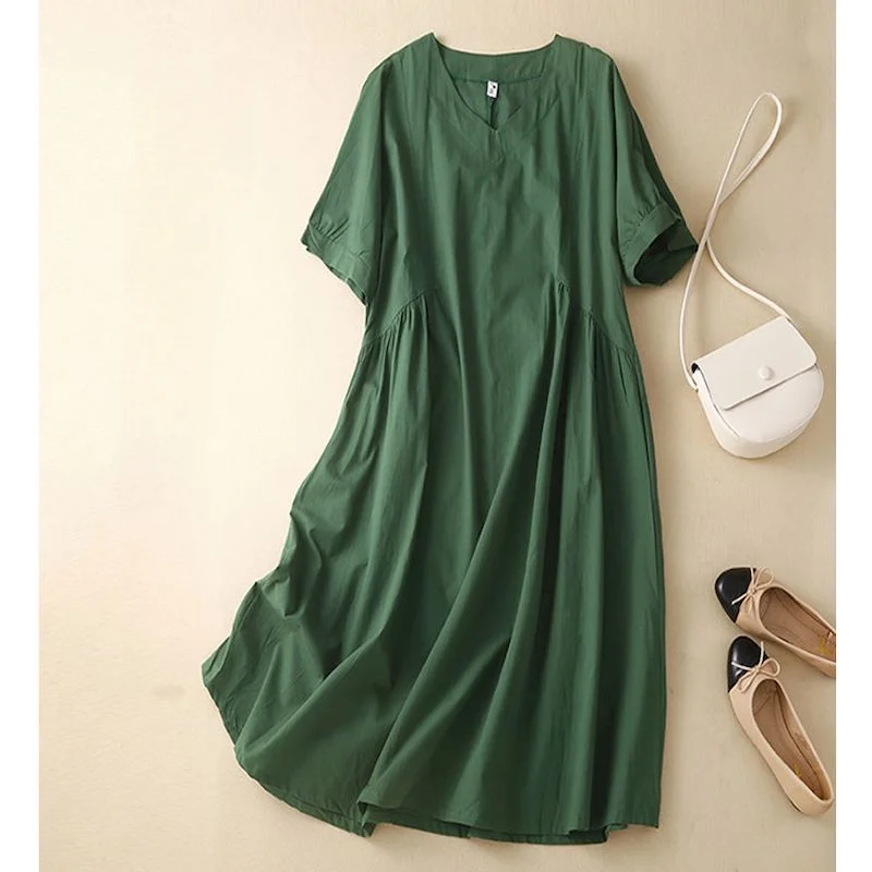 Женское винтажное платье с коротким рукавом свободное однотонное