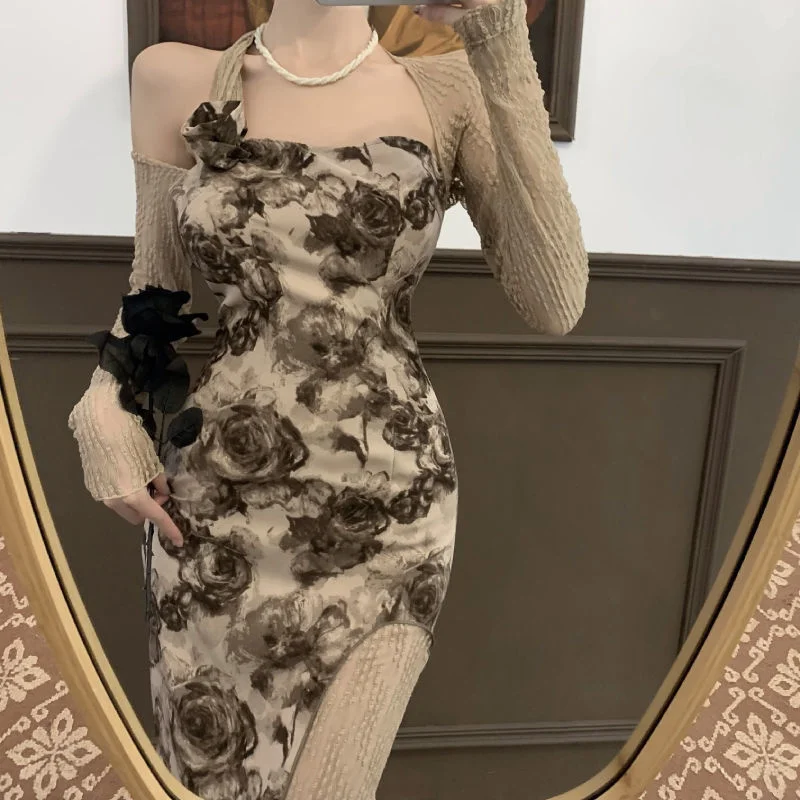 

Female French Floral Dress Off-Shoulder Hanging Neck Long-Sleeved Bag Maxi Dress Elegant Temperament Fake Two-Piece Split