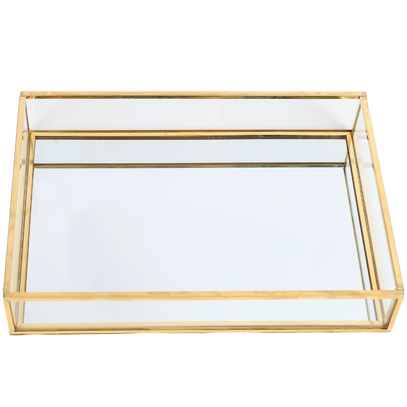 

Nordic Retro Storage Tray Gold Rectangle Glass Makeup Organizer Tray Dessert Plate Jewelry Display Home Kitchen Decor