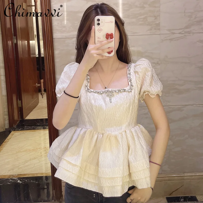 

Retro Diamonds Puff Sleeve Slim Waist Shirt Women's Summer 2022 Summer New Fashion Stitching Square Collar Pullover Top Female