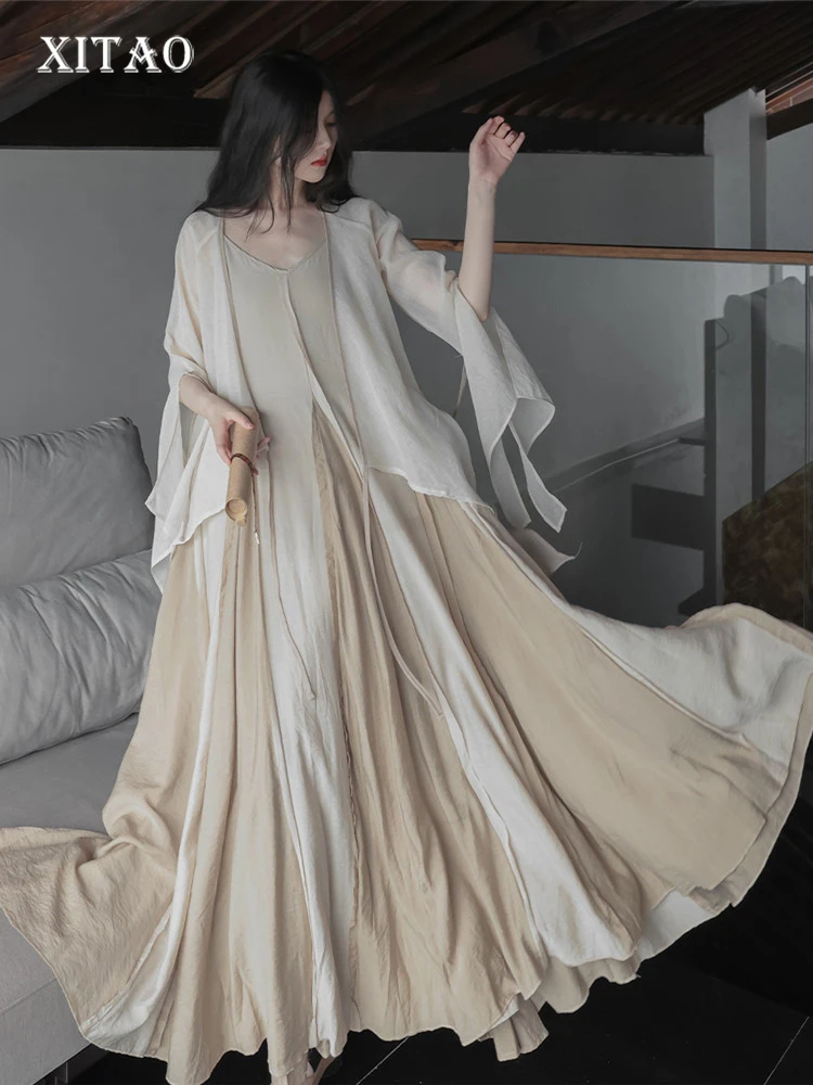 

XITAO Strapless Dress Fashion Solid Color Pleated Goddess Fan Pleated Pullover 2022 Autumn Loose Elegant Dress Top WMD7210