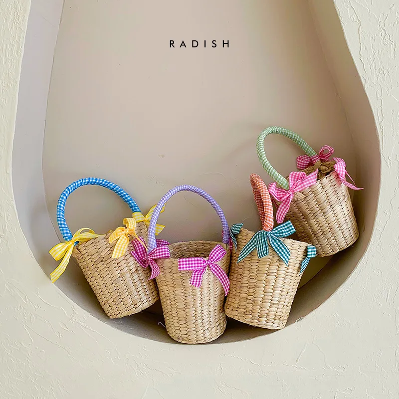 Straw Weave Children's Mini Bucket Bag Cute Bow Baby Girls Picnic Small Tote Shoulder Bags Summer Princess Accessories Handbags