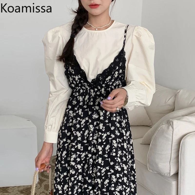 

Koamissa Vintage Women Two Pieces Set White Long Sleeves Blouse Floral Maxi Camis Dress Spring Autumn Korean Outfits Chic Suit