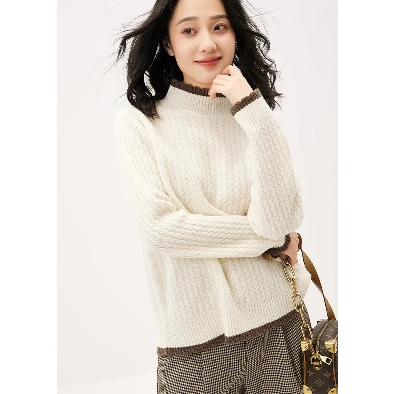 

SHUCHAN 100% Wool Sweater Women Half High Collar Spliced Casual Autumn/Winter A-straight Long Sleeve Top Pullover