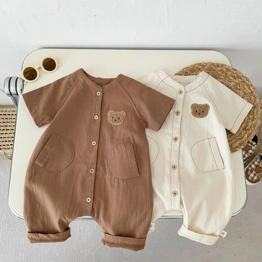

2023 Summer Newborn Baby Boys Romper Infant Cute Bear Embroidery Cotton Romper Baby Girls Jumpsuit Button Breasted Kids Clothes