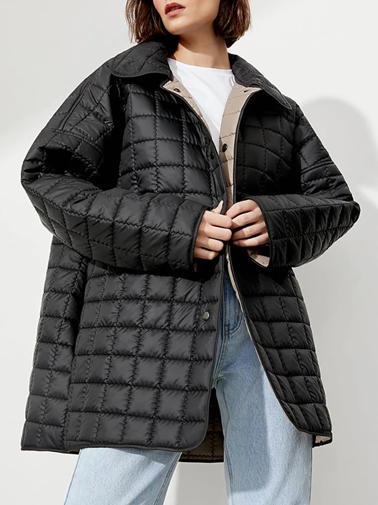 Taruxy Winter Square Grid Jacket Coat Women Double Sided Wear Belts Loose Casual Warm Cotton-padded Coats Outwear Long Coats