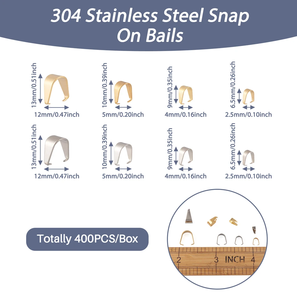 400pcs 304 Stainless Steel Pinch Bail Clasp Pendant Charm Connector Snap on Bails for DIY Jewelry Making Handmade Supplies