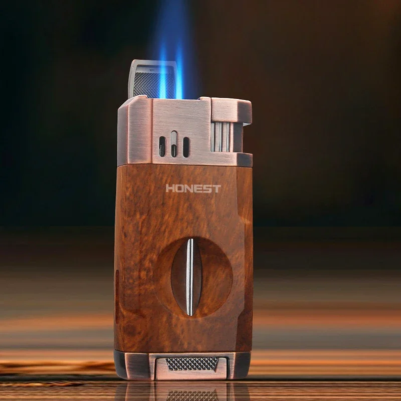 Новинка роскошная Зажигалка для сигар с V-образным ножом держатель двойное сопло