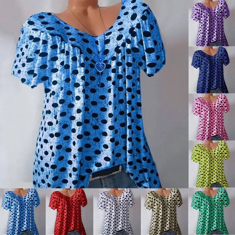 

Summer Polka Dot Printed Short Sleeved Women's Top Casual Loose V-neck Blusas Mujer Elegantes Y Juveniles Blouses Et Chemises