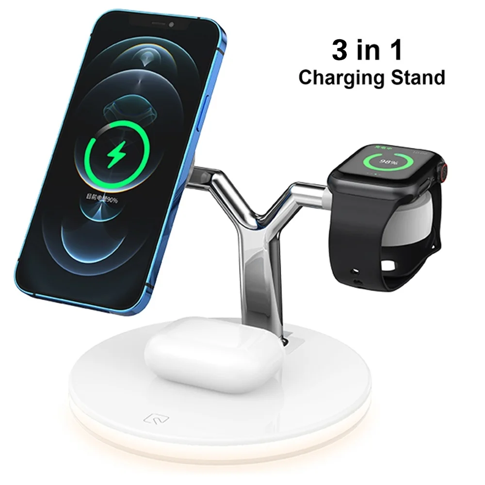 

Магнитное Беспроводное зарядное устройство 3 в 1 для Magsafe iphone 12 pro max mini Airpods Apple, 15 Вт, быстрая зарядная станция, часы, зарядные устройства, подс...