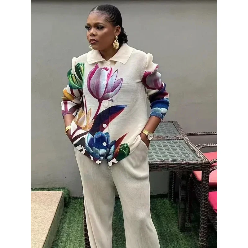 Miyake Fold New Women's Suit Printed Temperament Lapel Single-breasted Blouse Solid Color Straight Pants Two-piece Set 6G19