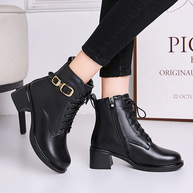 AIYUQI Winter Boots Women Wool Warm 2023 New Genuine Leather Women Marton Boots British Style Lace-up Large Size Booties Women