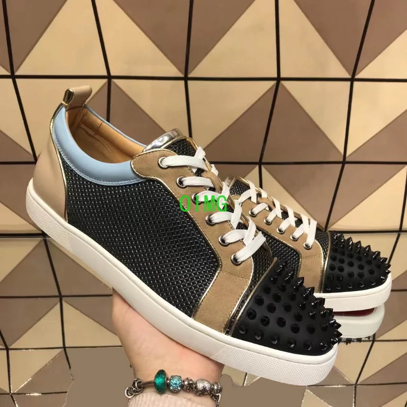 

Low Cut Mens Luxury High Quality Trainers Driving Spiked Black Net Genuine Leather Rivets Toecap Flats Sneakers Shoes White Sole