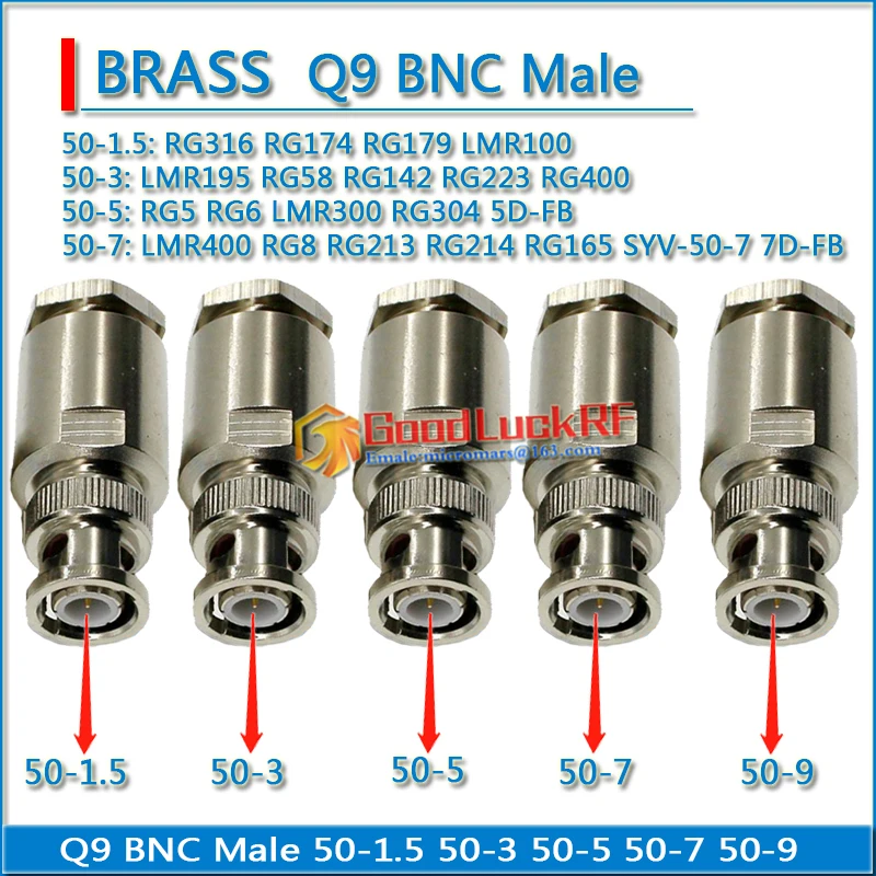 

Q9 BNC Male RG316 RG174 RG179 LMR100 RG58 RG142 RG223 RG400 LMR195 RG5 RG6 LMR300 RG304 LMR400 RG8 RG213 RG214 RG165 50-9 -3 -7