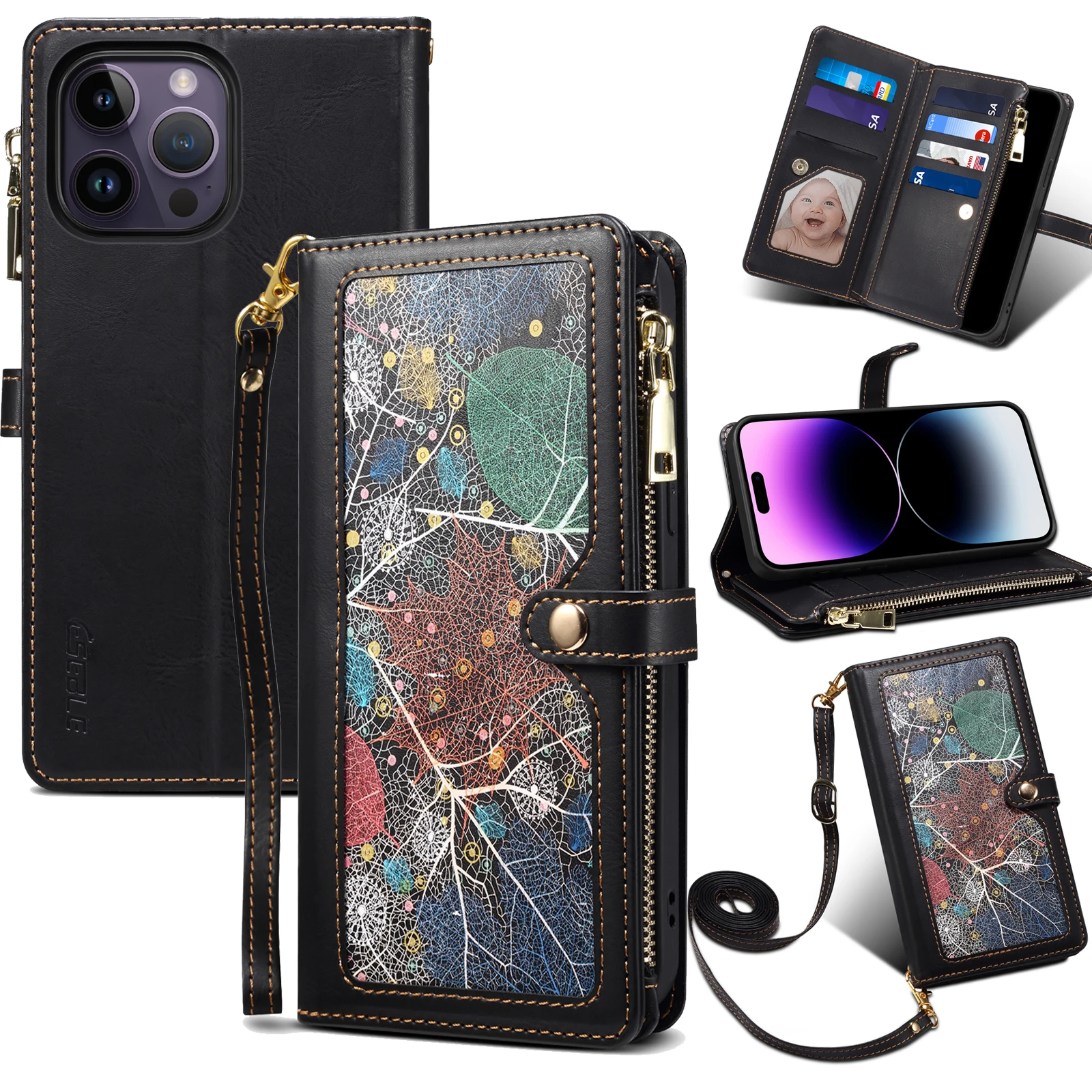 

Кожаный чехол-книжка с цветочным рисунком для iPhone 15 Pro Max 15Plus 15Pro, чехол-кошелек с отделением для карт, задняя крышка с бесплатной веревкой