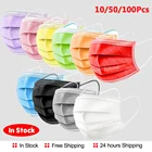 Цветная маска для рта, 3 слоя, фильтр, Нетканая одноразовая маска для лица, 10-200 шт., дышащая, защитная, для взрослых, хирургическая, Черная