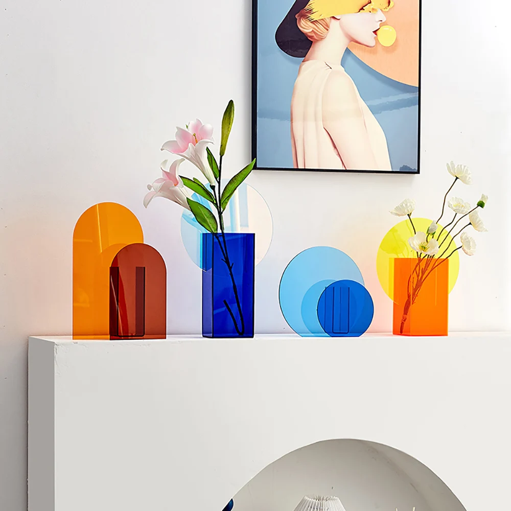 

Nordic Colorful Acrylic Vases Minimalist Art Home Decor Living Room Dried Flower Arrangement Ornament Office Desktop Decoration