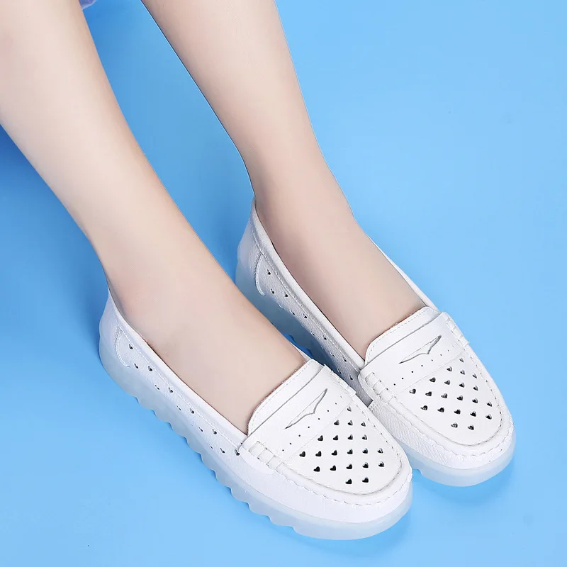 

Women's shoes soft-soled leather shoes flat-soled hospital shoes white round head comfortable work shoes hollow and breathable