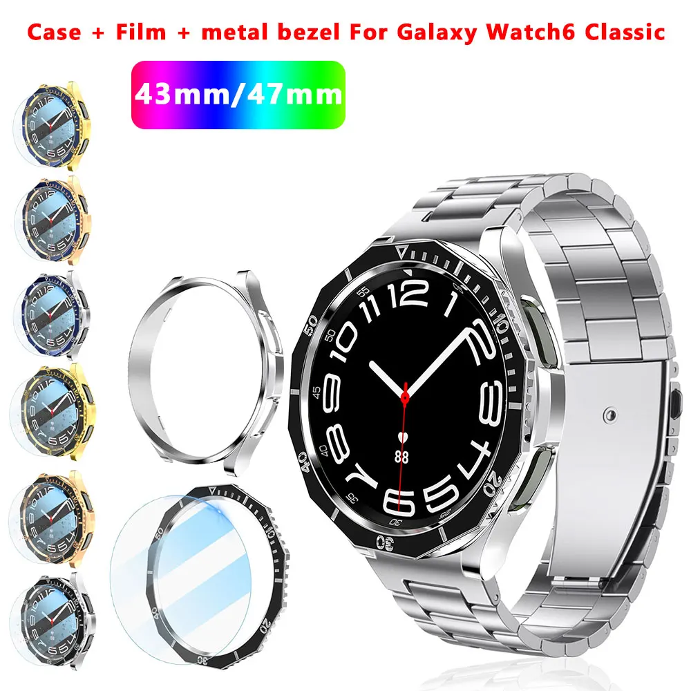 

Чехол + кольцо-рамка + пленка из закаленного стекла для Samsung Galaxy watch 6 Classic, Защитная пленка для экрана 47 мм 43 мм, аксессуары для часов