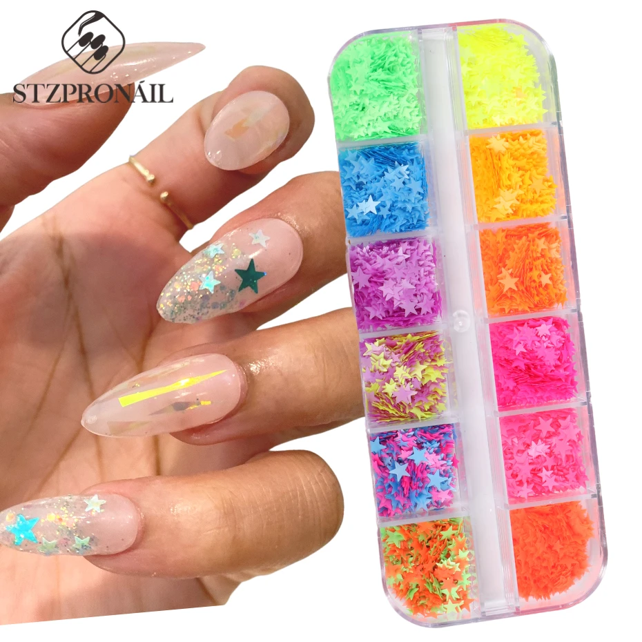 Блестящие разноцветные голографические ломтики с блестками в виде звезд, 12 ячеек, лазерные блестки, ультратонкое украшение для маникюра S126