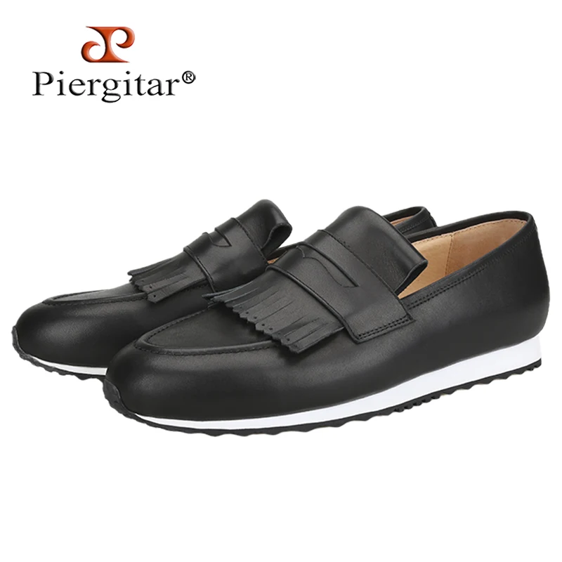 

Piergitar Black Hand-Brushed Calfskin Active Sneakers With Fringed Bands Handcrafted In GuangZhou Slip-On Men's Casual Shoes