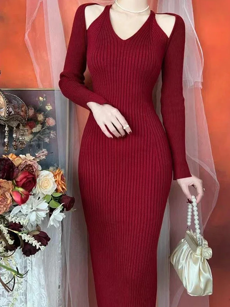 

Hollow Out Knitted Women Sexy Off Shoulder Long Sleeve Bodycon Dress Female French Elegant Split Hip Wrap Midi Dresses