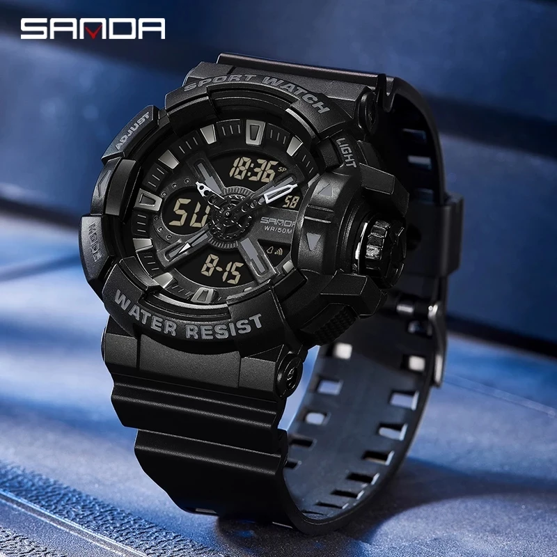 

SANDA Men New Fashion Quartz Watch with Electronic Display Luminous LED Trend Mens Watches 50M Water Resistant Reloj Hombre 3128
