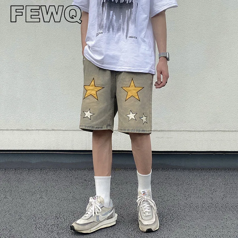 

FEWQ Patch Embroidery Men's Shorts Vintage Wornout Male Short Jeans High Street Y2k Denim Pants Streetwear 2023 Chic New 24B2613