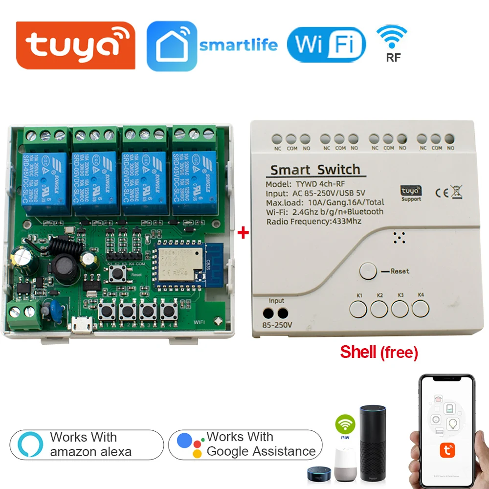 4CH Tuya APP Wifi Беспроводной DIY Смарт-переключатель Модуль 433 Пульт дистанционного управления Умный дом Гараж Универсальный пульт дистанционного реле Alexa Google Home