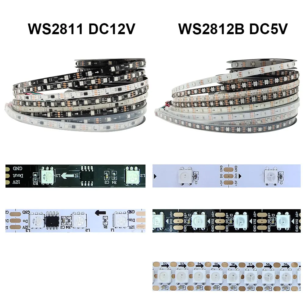 

WS2811 WS2812B 30/60/144 Leds/M RGB LED Strip, WS2812 Individually Addressable Smart Pixel White/Black PCB Tape Light DC5V/12V