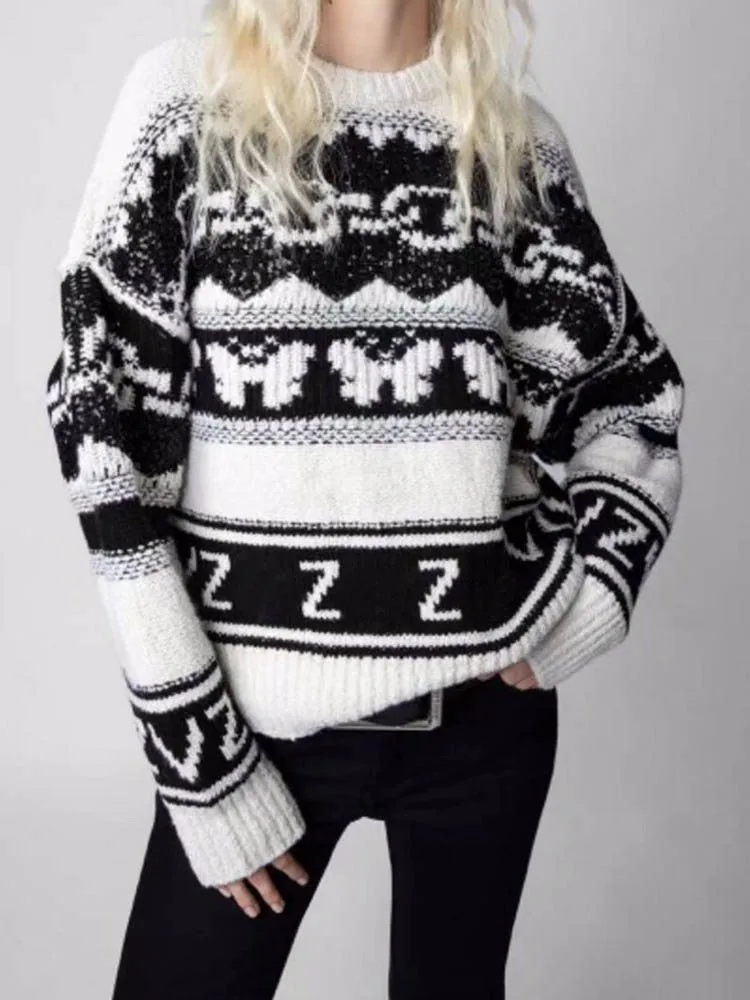 

High Quality Fashion Runway Designer 2022 Autumn and Winter New Women Intarsia Knitted Sweater Round Neck Pullover