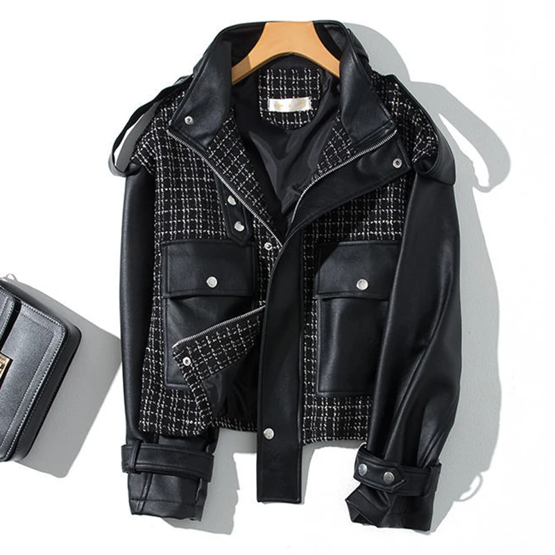 

2022 Leather Jacket Women Spring Autumn Lady Clothing New Product Splicing Fashion Trend All-Match Black
