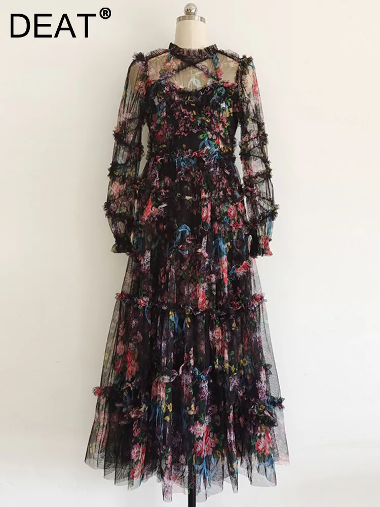 Женское вечернее платье с оборками DEAT элегантное Сетчатое цветочным принтом