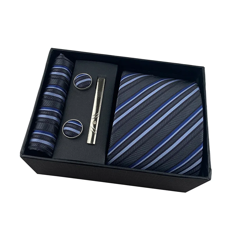 

100% Silk Brand Tie Handkerchief Cufflink Set for Men Necktie Holiday Gift Box Blue Gold Suit Accessories Slim Wedding Gravatas