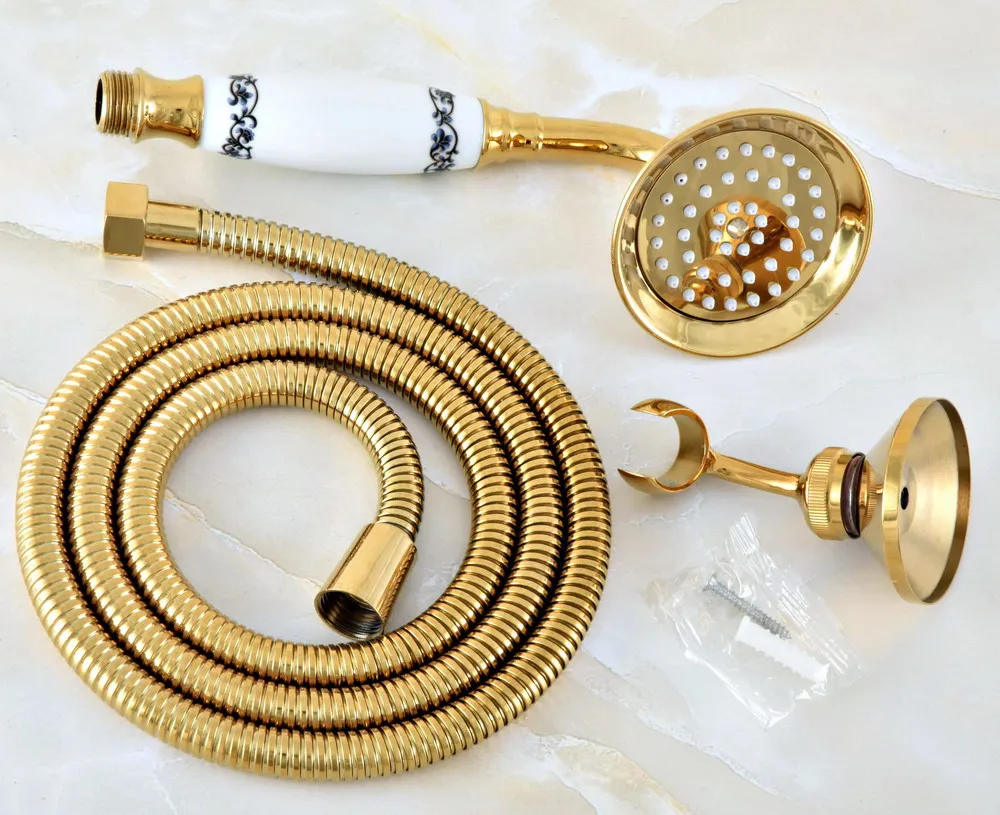 

3Pc Golden Brass Bathroom 59" Flexible Stretchable Hose, Lace Ceramic Handheld Shower Head, 360 Adjustable Holder Bracket Set