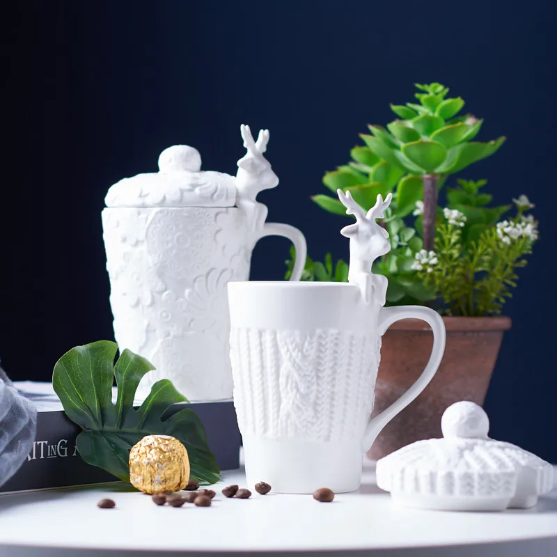 Белый фарфор рождественские 3D лось анимальные пары кружки для кофе молока с