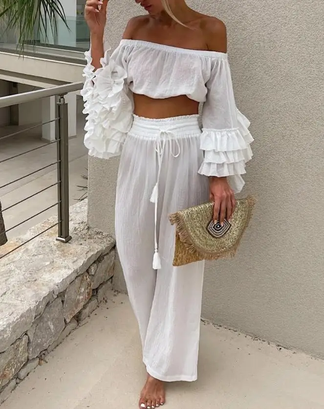 2 Piece Sets Womens Outfits White Casual Loose Vacation Beach Off Shoulder Long Sleeve Ruffles Crop Top & Shirred Long Pants Set