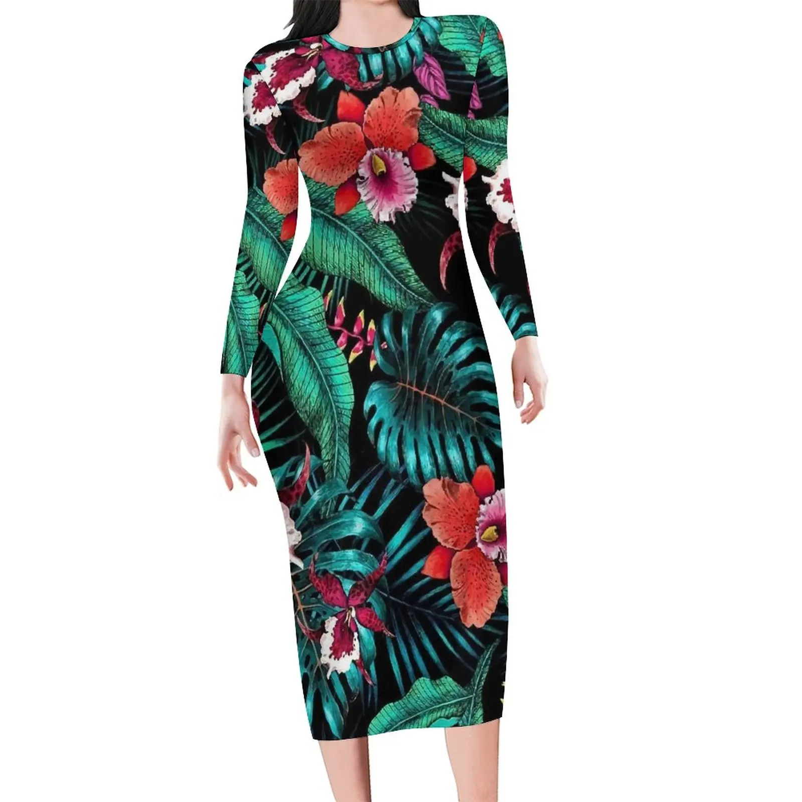 

Palm Leaves Green Bodycon Dress Spring Floral Print Kawaii Dresses Women Long Sleeve Graphic Street Wear Dress Big Size 4XL 5XL