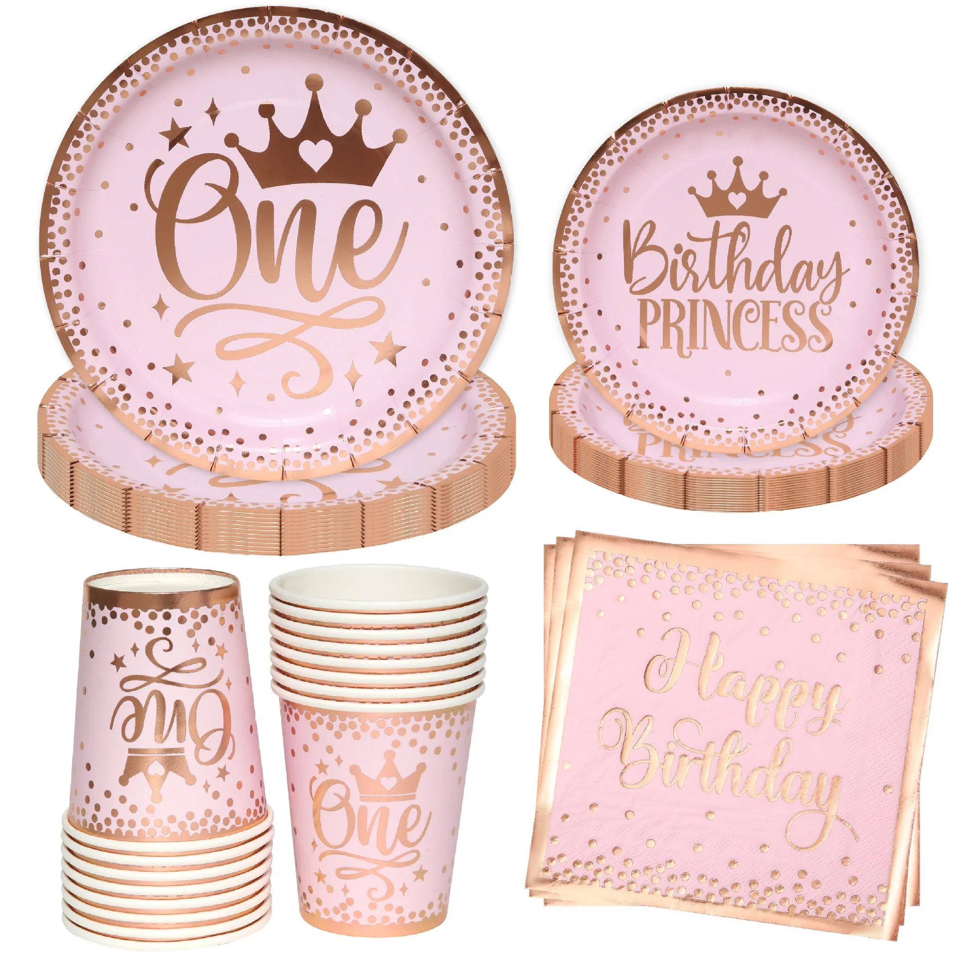 

New 8 Guests Pink Birthday Girl Tableware 1 Year Old Birthday Party Decorations Kids Paper Plate Cup Decor For Party Happy Birth