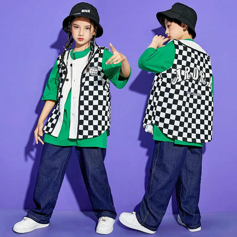 Комплект уличной одежды в стиле хип-хоп для мальчиков и девочек клетчатый жилет