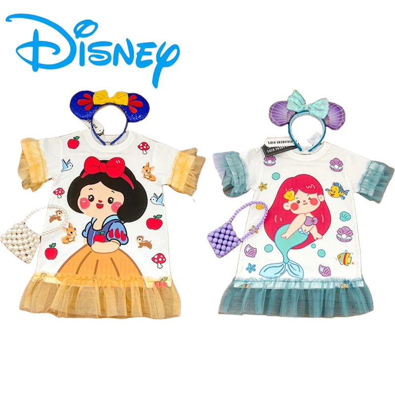 

Детское Хлопковое платье «Белоснежка Ариэль» Disney, милая мультяшная футболка с короткими рукавами и юбка, новая милая приятная для кожи ткан...