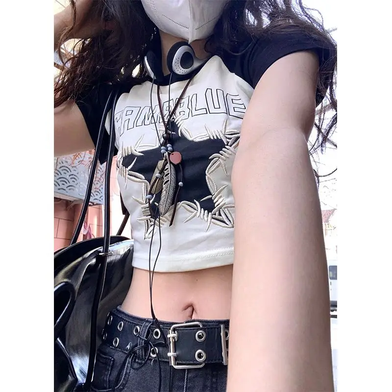 

Летняя облегающая футболка в стиле Харадзюку, винтажные модные готические укороченные топы с коротким рукавом, эстетичные футболки, уличная одежда для девушек со звездами, Y2k, женские топы