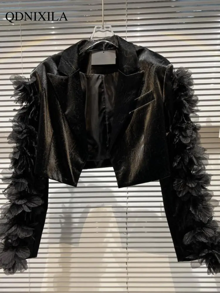 Leather Jacket Women Three-dimensional Flower Short Spring Jacket Women 2023 New Outerwear Women's Fashion Jackets Female Outer