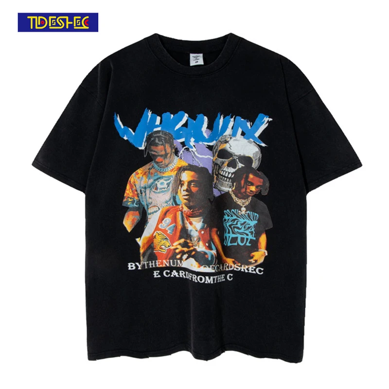 

TIDESHEC American Style Washed T-shirt Men's Oversized Casual Cotton Rapper Print T Shirt Streetwear Hip Hop Graphic Tee Top