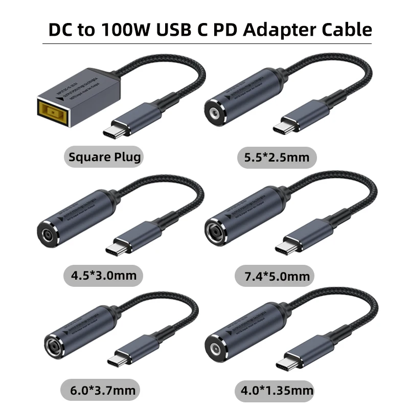 Фото Кабель для быстрой зарядки USB-C PD 100 Вт, шнур-адаптер питания DC 4.5x3.0, 7.4x5.0, 5.5x2.5 мм на Type-C для ноутбуков Lenovo, Dell, HP, Asus №1