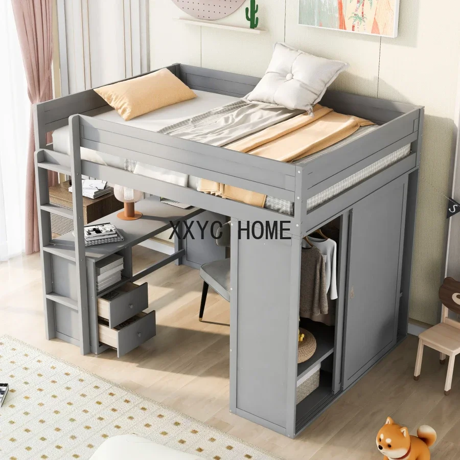 Cama Loft de madera tamaño completo con Armarios and Escritorio 2-х кабошонов с gabinete marco resistente премиальные