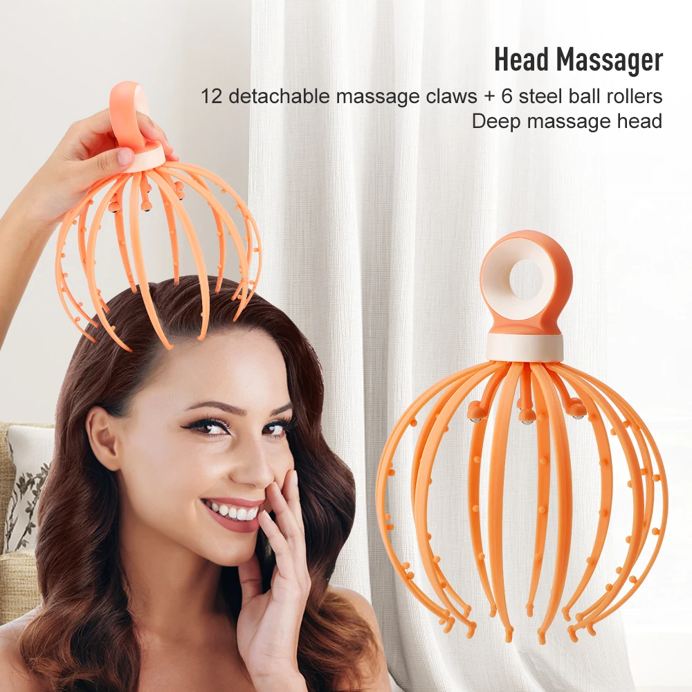 

Octopus Manual Head Massager 12-claw 6 Steel Ball Meridian Massage to Relax Scalp Release Pressure Relieve Fatigue Head SPA