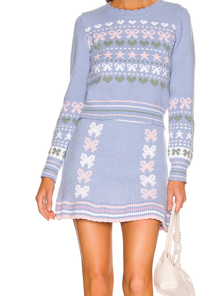 

2022 Fashion Women Heart Bow Pattern Knitted Cropped Sweater Vintage Long Sleeve Female Autumn Pullover Tops