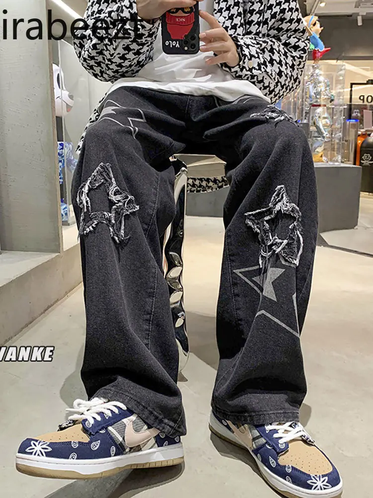 

Джинсы Irabeezt мужские в стиле Хай-стрит, винтажные повседневные свободные прямые брюки с широкими штанинами в американском стиле хип-хоп с пя...
