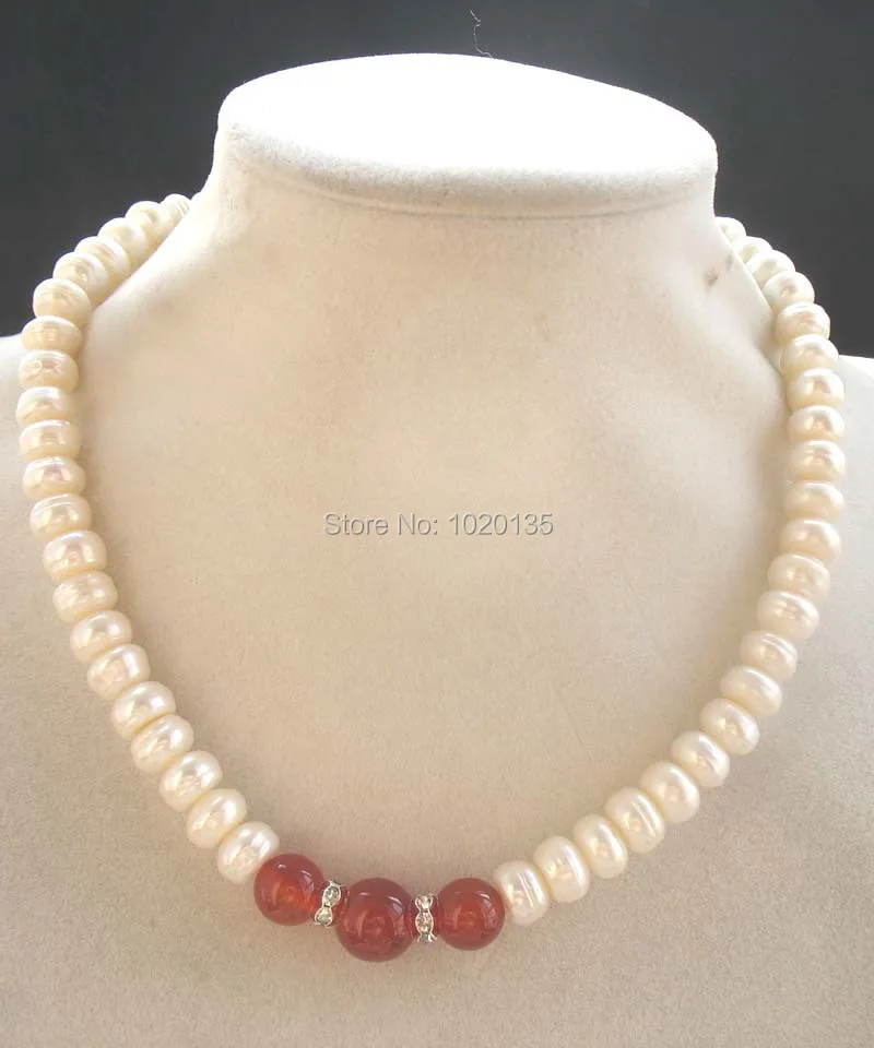 

Пресноводный жемчуг Белый Ближний круглый и красный агат ожерелье 17 дюймов натуральный оптовая продажа бусин подарок